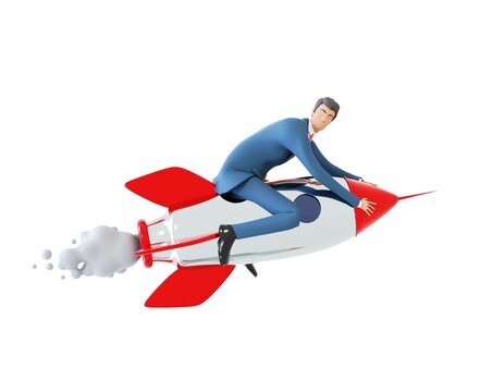 Successful businessman flying with the rocket. Start up, banking, investment advisory, making money concept. 3D rendering illustration.