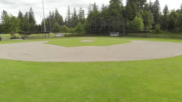 Aerial drone view of a green baseball field, baseball diamond, sports field, community park. 4K 24FPS.
