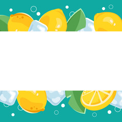 Blue summer ractangle lemon, leaf, ice background frame. flat bright citrus frame. yellow with bubbles