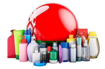 Belarusian flag with cosmetic bottles, Hair, facial skin and body care products. 3D rendering