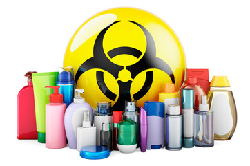 Biohazard sign with cosmetic bottles, 3D rendering - obrazy, fototapety, plakaty