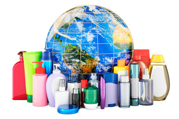 Cosmetic bottles with Earth Globe, 3D rendering