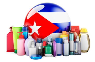 Cuban flag with cosmetic bottles, Hair, facial skin and body care products. 3D rendering
