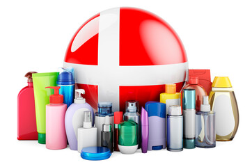 Danish flag with cosmetic bottles, Hair, facial skin and body care products. 3D rendering