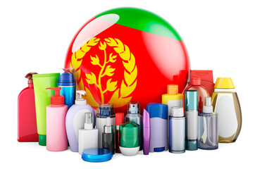 Eritrean flag with cosmetic bottles, Hair, facial skin and body care products. 3D rendering