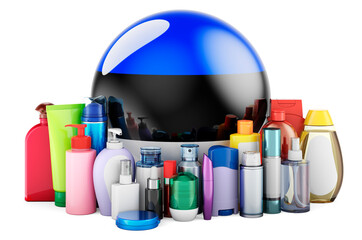 Estonian flag with cosmetic bottles, Hair, facial skin and body care products. 3D rendering