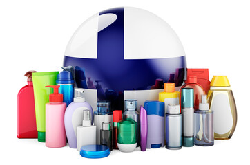 Finnish flag with cosmetic bottles, Hair, facial skin and body care products. 3D rendering