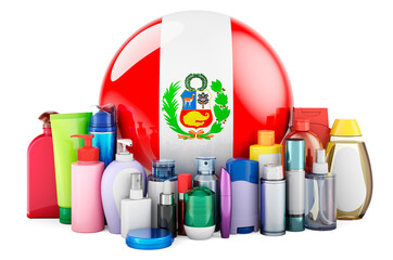 Peruvian flag with cosmetic bottles, Hair, facial skin and body care products. 3D rendering