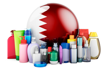Qatari flag with cosmetic bottles, Hair, facial skin and body care products. 3D rendering