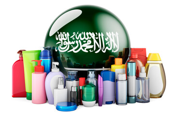 Saudi Arabian flag with cosmetic bottles, Hair, facial skin and body care products. 3D rendering