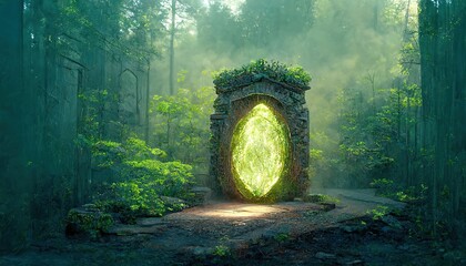 Fantasy scene with glowing magical portal in misty wood - obrazy, fototapety, plakaty