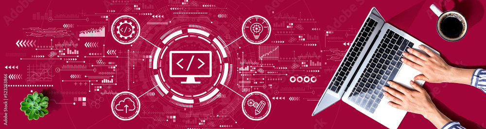 Poster web development concept with person using a laptop computer