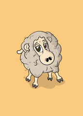 Light brown cute funny sheep on a yellow background cartoon vector illustration