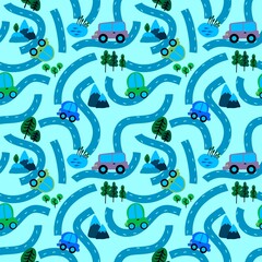 Fototapeta na wymiar Cartoon kids seamless cars road pattern for child clothes print and wrapping paper and fabrics and accessories