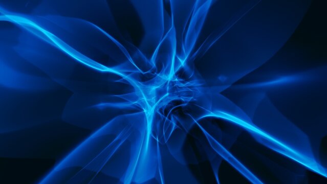 Abstract revolving blue plasma energy force field on dark background. Concept generative art 3D illustration of psychedelic evolving gradient light flare graphic backplate copy space design element.