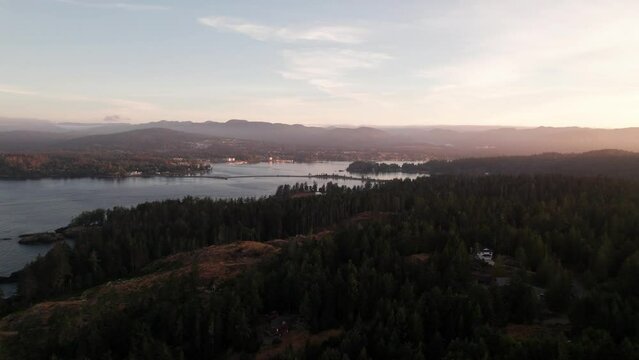 Aerial Sunset Sunset Drone Footage Of The Rugged Coastline Of The East Side Of Vancouver Island, Sooke BC. 4K 24FPS