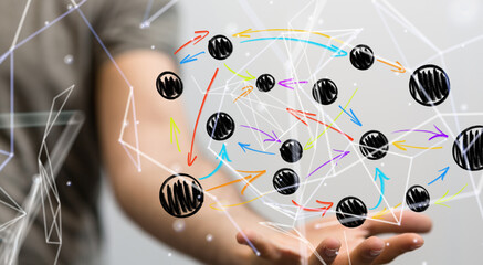 Global network. Blockchain. 3D illustration. Neural networks and artificial intelligence. Abstract