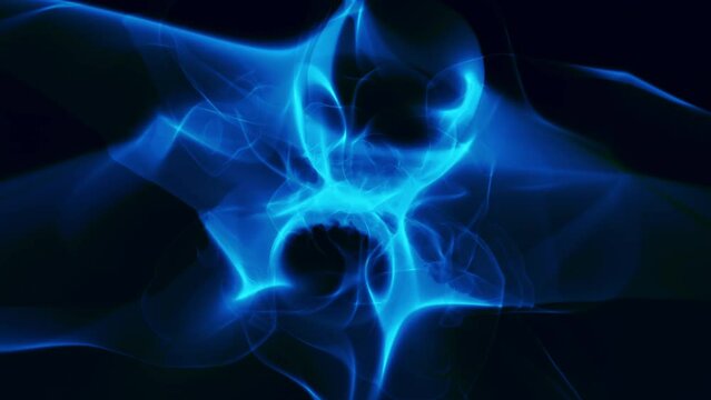 Abstract revolving blue plasma energy force field loop on dark background. Concept generative art 3D animation of psychedelic evolving gradient light flare graphic backplate copy space design element.