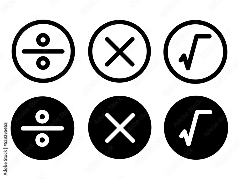 Poster set of plus minus multiply devide root mathematics symbol modern style icons are located on white an