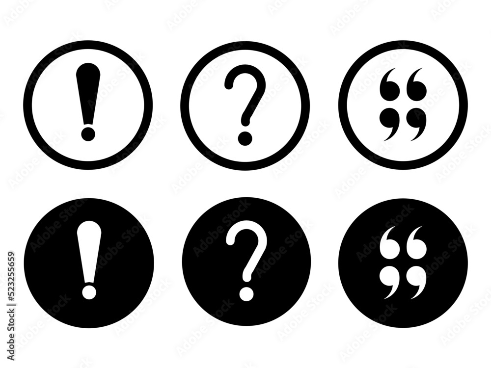 Poster question mark and quotation mark and exclamation mark modern style icons are located on white and bl