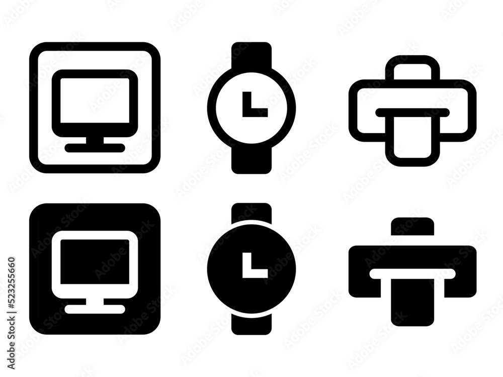 Poster printer and computer icon and clock icon flat design in modern style icons are located on white and 