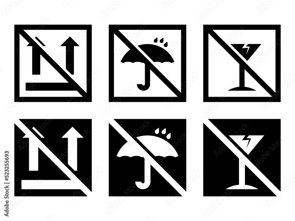 Poster crossed out fragile box, cargo warning vector signs set in modern style icons are located on white a