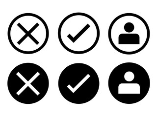 Cross and tick. User icon. Modern style icons are located on white and black backgrounds. The pack has six icons.