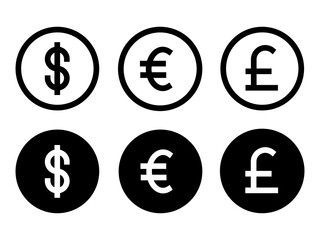The currency dollar euro pounds in modern style icons are located on white and black backgrounds. The pack has six icons.