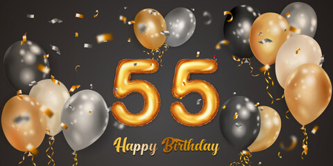 Festive birthday illustration with white, black and gold helium balloons, big number 55 golden foil balloon, flying shiny pieces of serpentine and inscription Happy Birthday on dark background