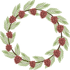 Christmas wreath frame. Pine cone round frame. Flat design.