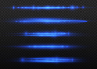 Horizontal light rays, glow speed line, flash blue