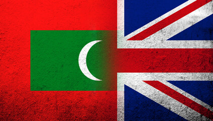 National flag of United Kingdom (Great Britain) Union Jack with The Republic of Maldives National flag. Grunge background