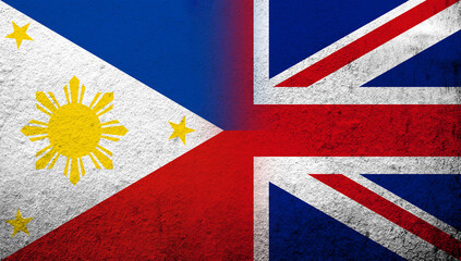 National flag of United Kingdom (Great Britain) Union Jack with The Republic of the Philippines National flag. Grunge background
