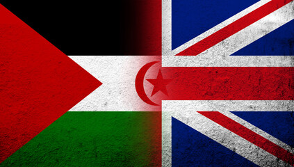 Fototapeta premium National flag of United Kingdom (Great Britain) Union Jack with The Sahrawi Arab Democratic Republic Western Sahara national flag. Grunge background