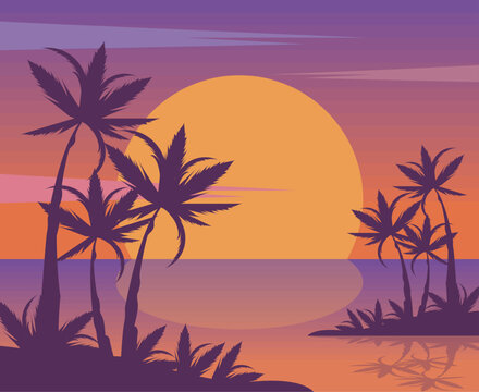 sunset seascape with palms