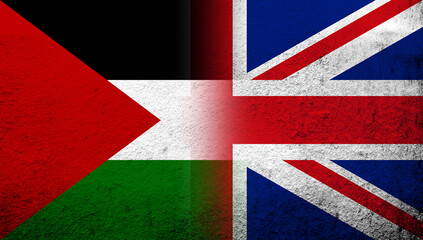 National flag of United Kingdom (Great Britain) Union Jack with Flag of Palestine. Grunge background