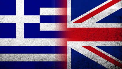 National flag of United Kingdom (Great Britain) Union Jack with National flag of Greece. Grunge background