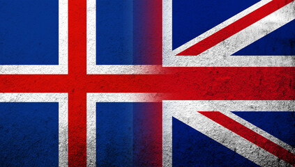 Fototapeta premium National flag of United Kingdom (Great Britain) Union Jack with National flag of Iceland. Grunge background