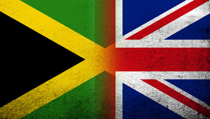 Fototapeta na wymiar National flag of United Kingdom (Great Britain) Union Jack with National flag of Jamaica. Grunge background