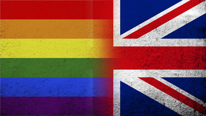 Fototapeta na wymiar National flag of United Kingdom (Great Britain) Union Jack with Rainbow LGBT pride flag. Grunge background
