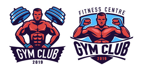 Gym badges set. Bodybuilding label, weightlifting, fitness badge. Athlete muscles sports emblem. Vector illustration