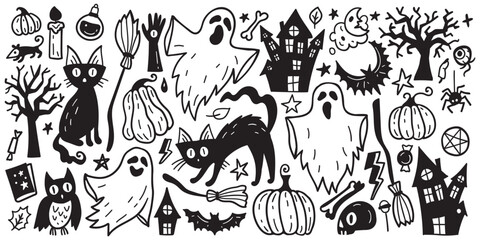 Horror set of Halloween sticker sketch set. Big set of hand drawn doodle. Collection halloween and magic elements. Pumpkins, ghost, skull, black cat, pot, hat.