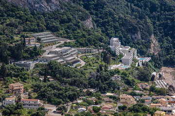 Fototapeta na wymiar Aerial view of hotel in Agios Gordios village, Corfu Island, Greece