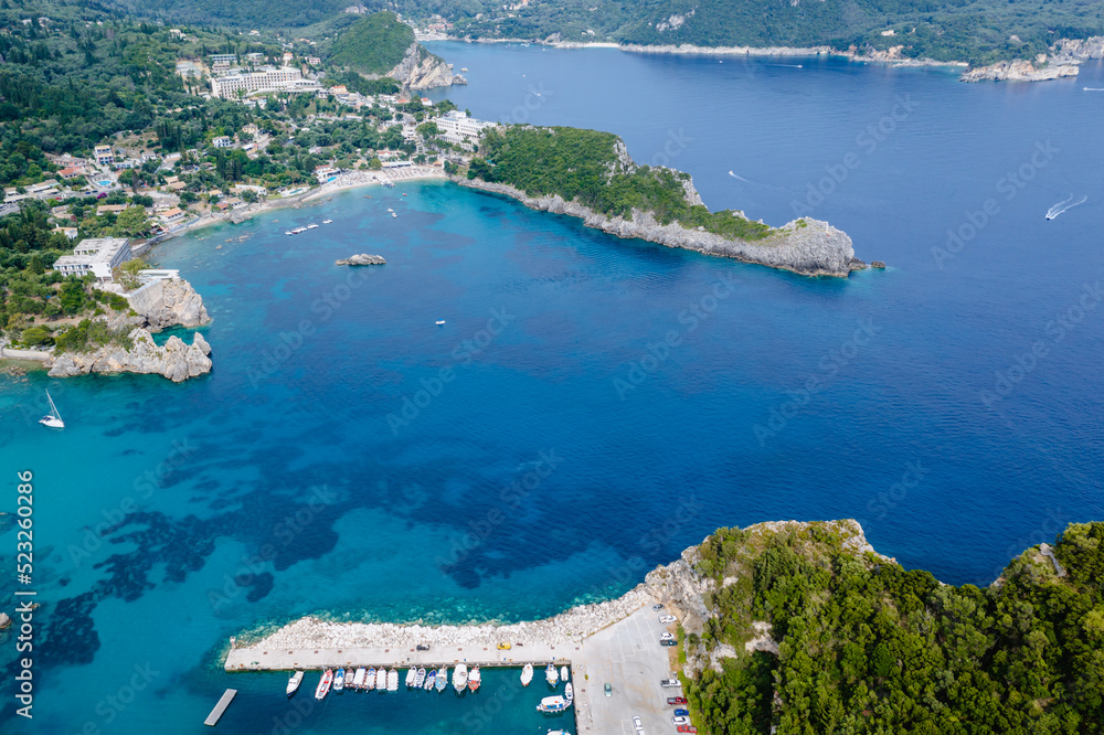 Poster Drone photo of bay in Palaiokastritsa village, Corfu Island, Greece