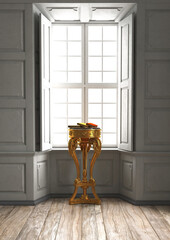 Baroque coffee table with books in front of a window in white color vintage interior, 3d rendering, 3d illustration	
