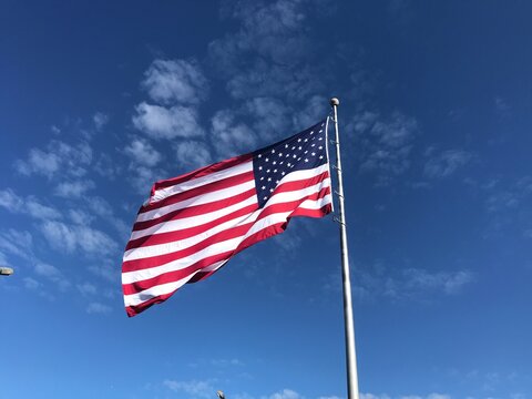 Flag USA with pole in sky. Photo image