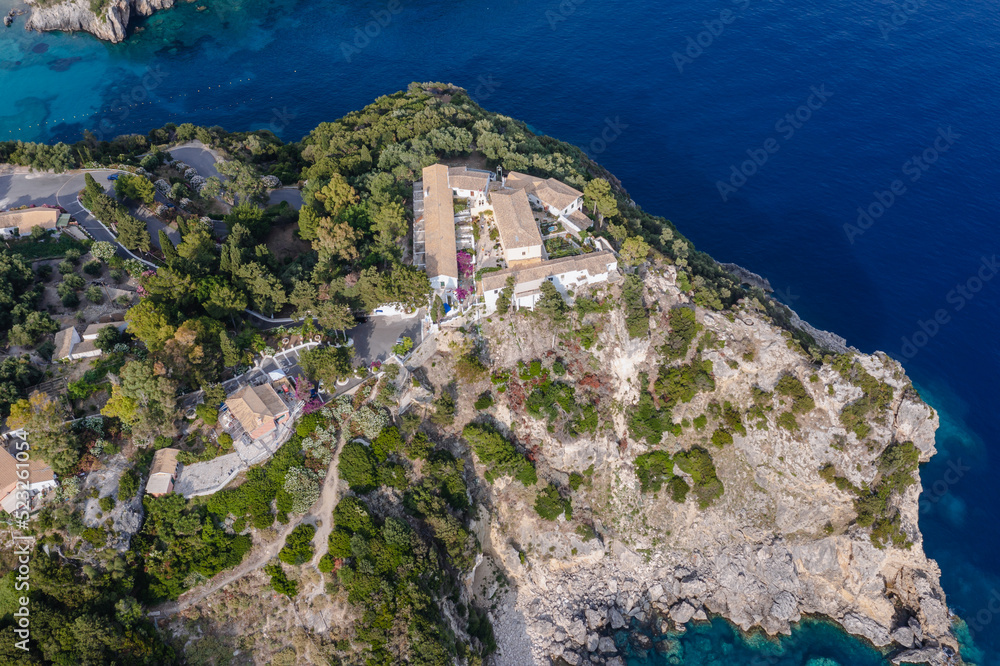 Poster Aerial drone view with Monastery in Palaiokastritsa village, Corfu Island in Greece