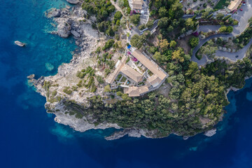 High angle view of Monastery in Palaiokastritsa village, Corfu Island, Greece