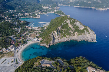 Fototapeta na wymiar Drone photo of Ampelaki Bay in Palaiokastritsa village, Corfu Island in Greece
