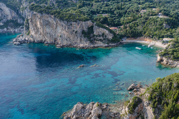 View with Ampelaki Beach in Palaiokastritsa village, Corfu Island, Greece
